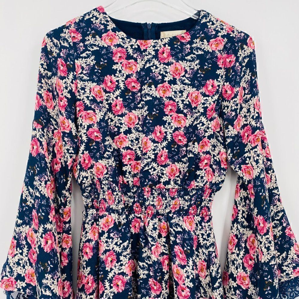 Altar'd State Size XS Navy Blue & Pink Floral Claudine Bell Sleeve Boho Dress - Picture 3 of 10